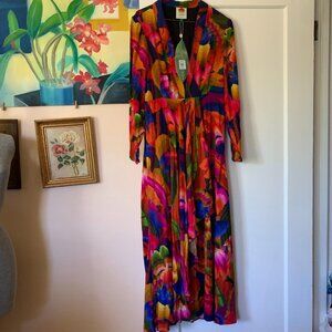 FARM RIO NWT Maxi Dress M Rainbow Forest Multi Plunging V Tropical Resort Vacay